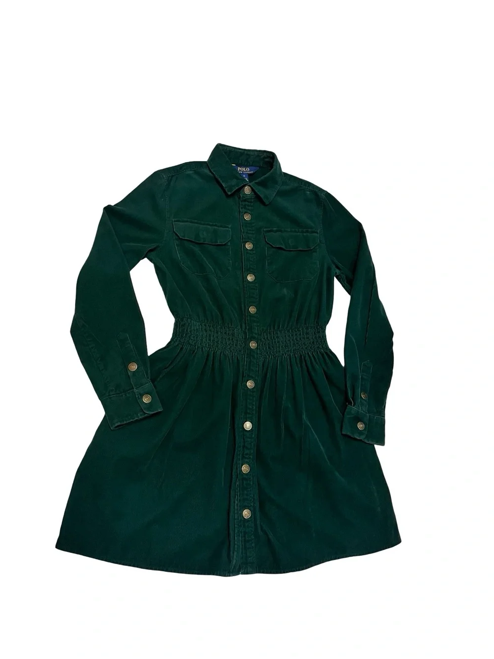 Polo Ralph Lauren Green Corduroy Long Sleeve Cinched Dress Sz 10 Country Western